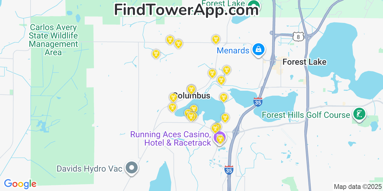 Map showing the 20 primary cell tower locations detected in Columbus, Minnesota from AT&T, Verizon, and T-Mobile networks