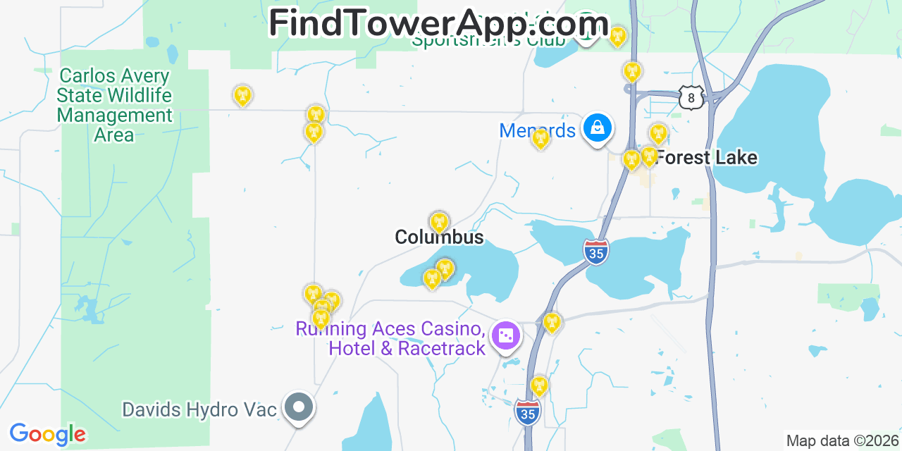 Map showing the 20 primary cell tower locations detected in Columbus, Minnesota from AT&T, Verizon, and T-Mobile networks