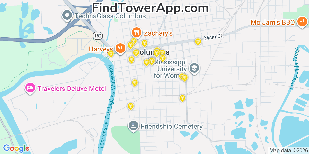 Map showing the 20 primary cell tower locations detected in Columbus, Mississippi from AT&T, Verizon, and T-Mobile networks