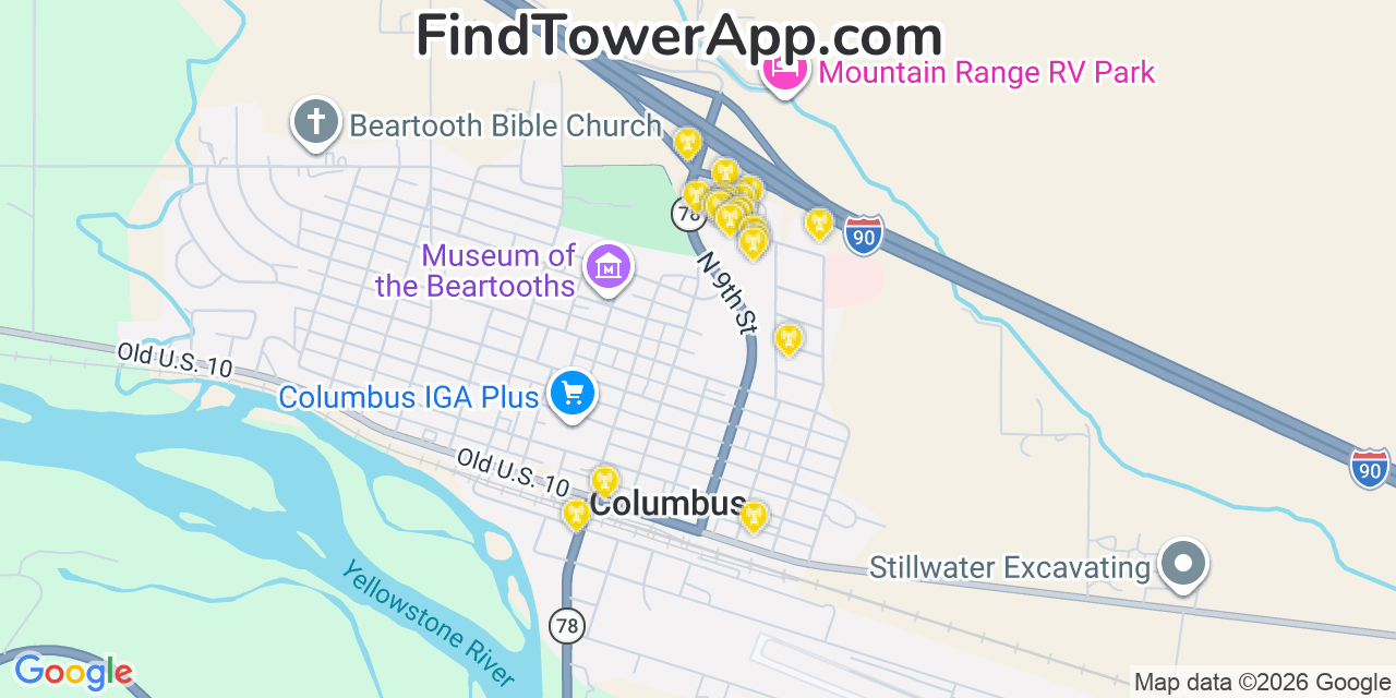 Map showing the 20 primary cell tower locations detected in Columbus, Montana from AT&T, Verizon, and T-Mobile networks