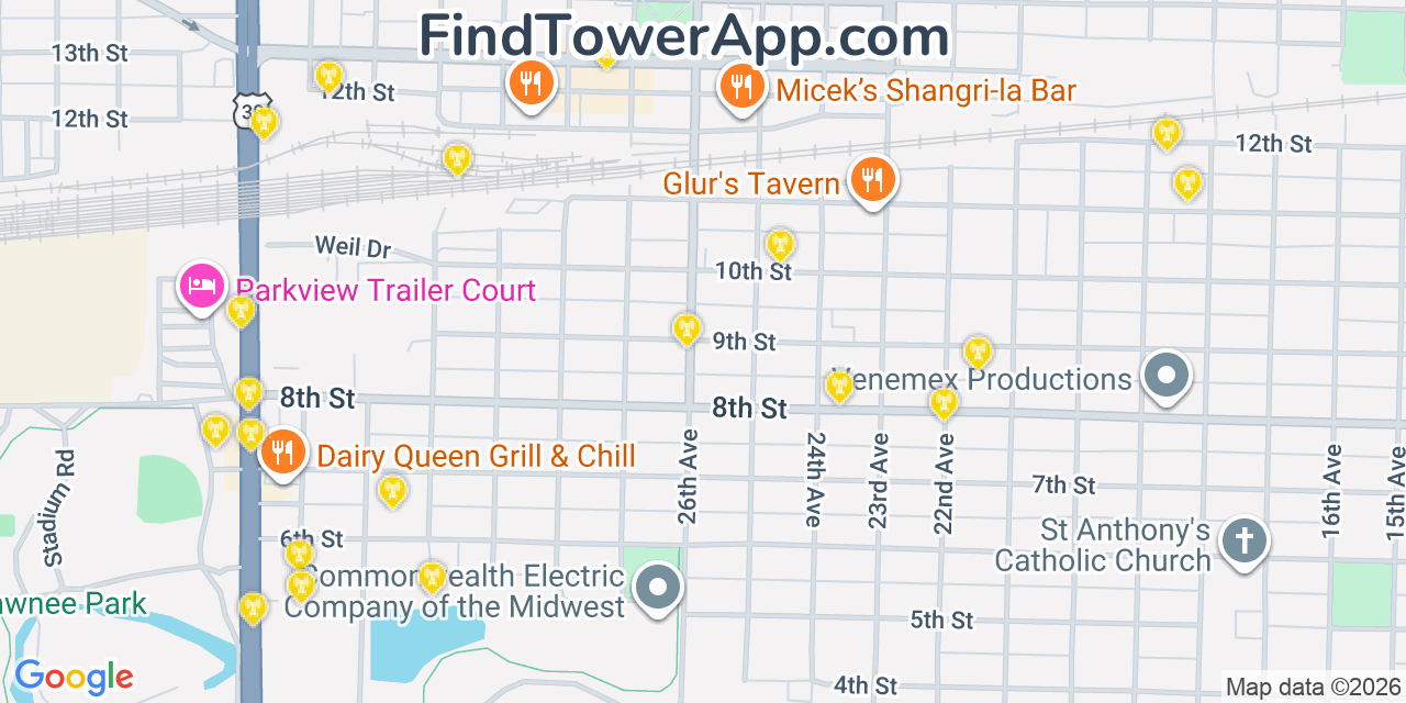 Map showing the 20 primary cell tower locations detected in Columbus, Nebraska from AT&T, Verizon, and T-Mobile networks
