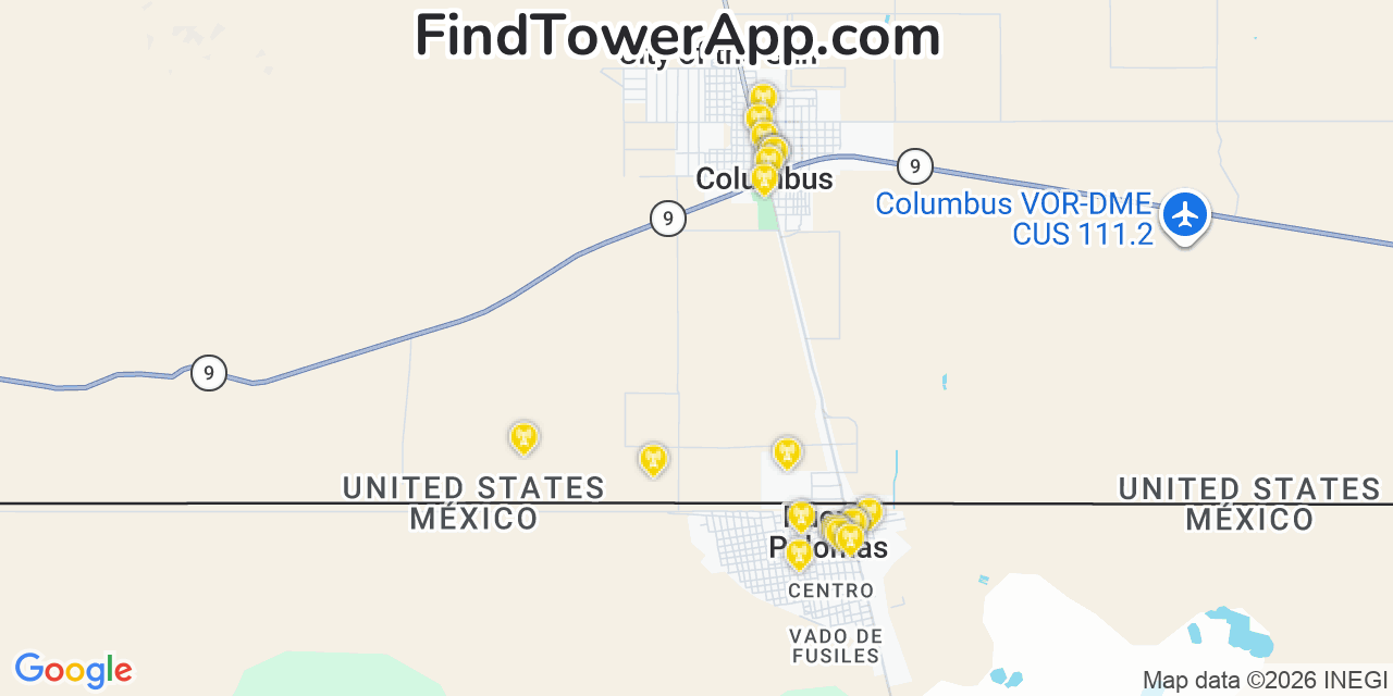 Map showing the 20 primary cell tower locations detected in Columbus, New Mexico from AT&T, Verizon, and T-Mobile networks