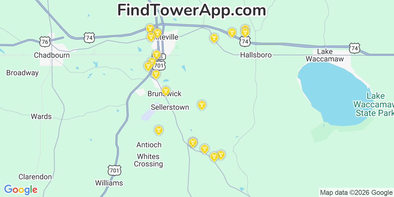Map showing the 20 primary cell tower locations detected in Columbus, North Carolina from AT&T, Verizon, and T-Mobile networks