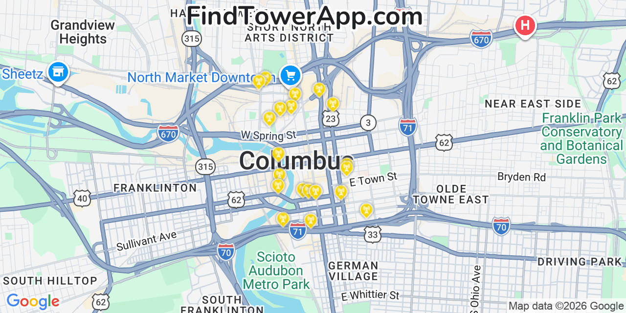 Map showing the 20 primary cell tower locations detected in Columbus, Ohio from AT&T, Verizon, and T-Mobile networks