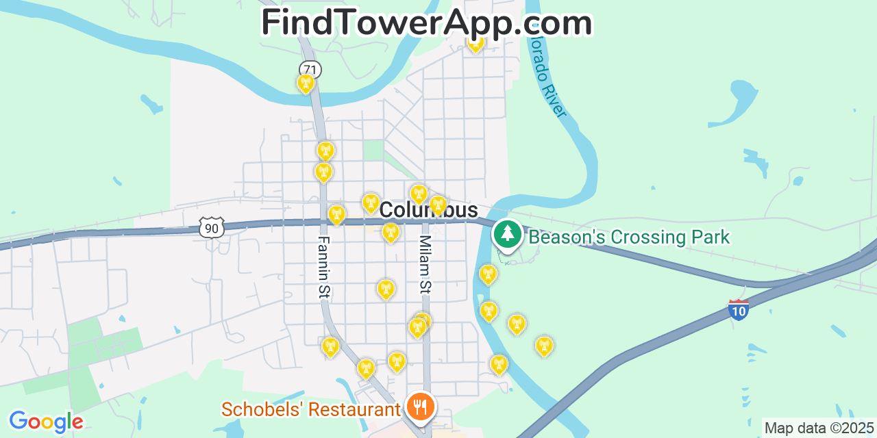 Map showing the 20 primary cell tower locations detected in Columbus, Texas from AT&T, Verizon, and T-Mobile networks