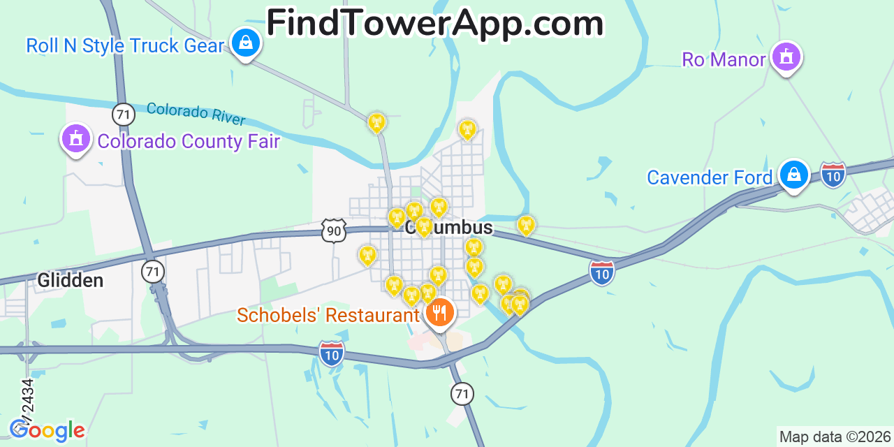 Map showing the 20 primary cell tower locations detected in Columbus, Texas from AT&T, Verizon, and T-Mobile networks