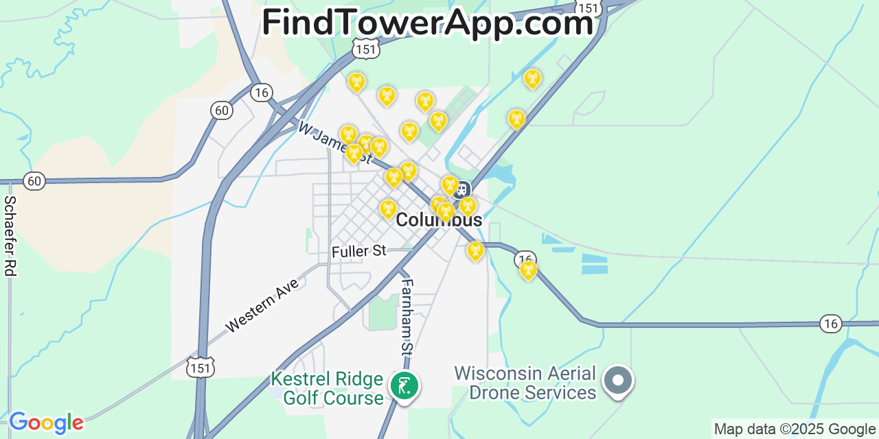 Map showing the 20 primary cell tower locations detected in Columbus, Wisconsin from AT&T, Verizon, and T-Mobile networks