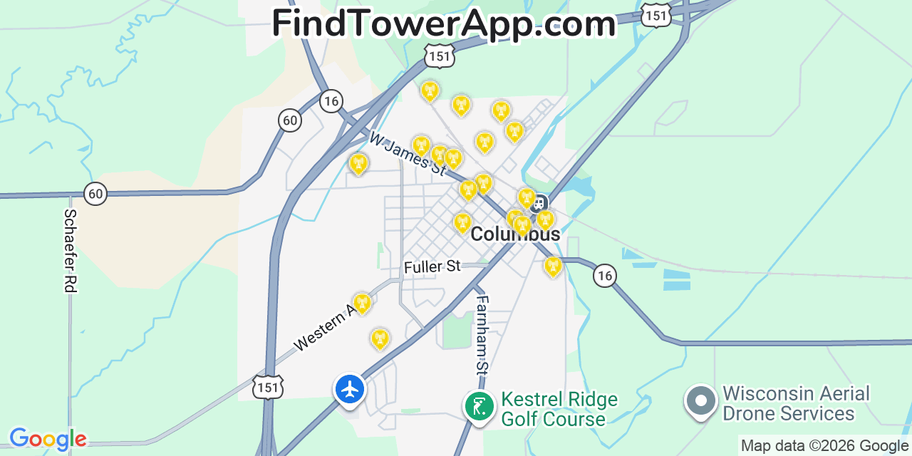 Map showing the 20 primary cell tower locations detected in Columbus, Wisconsin from AT&T, Verizon, and T-Mobile networks