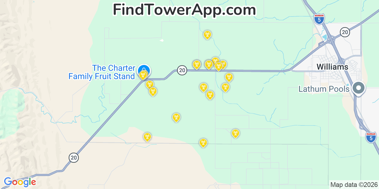 Map showing the 20 primary cell tower locations detected in Colusa, California from AT&T, Verizon, and T-Mobile networks