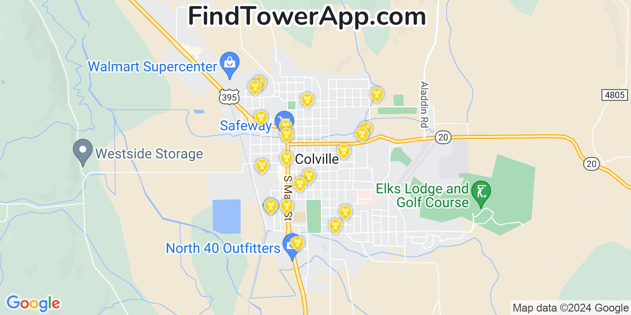 AT&T 4G/5G cell tower coverage map Colville, Washington