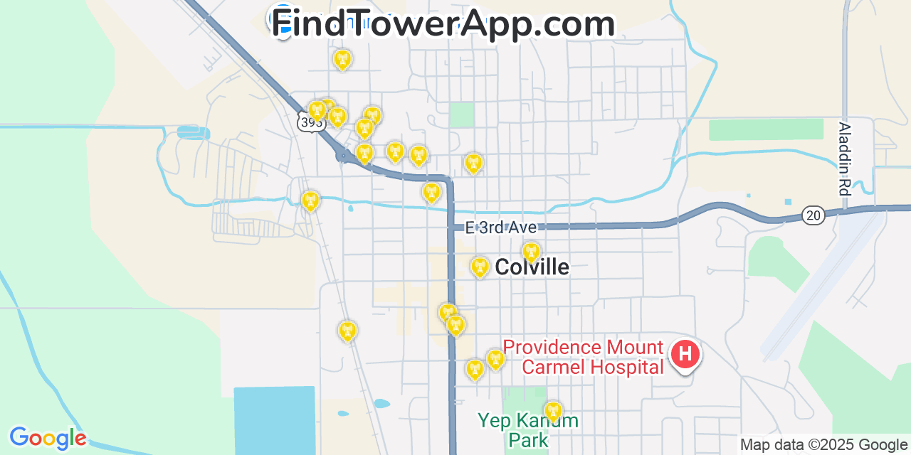 Map showing the 20 primary cell tower locations detected in Colville, Washington from AT&T, Verizon, and T-Mobile networks