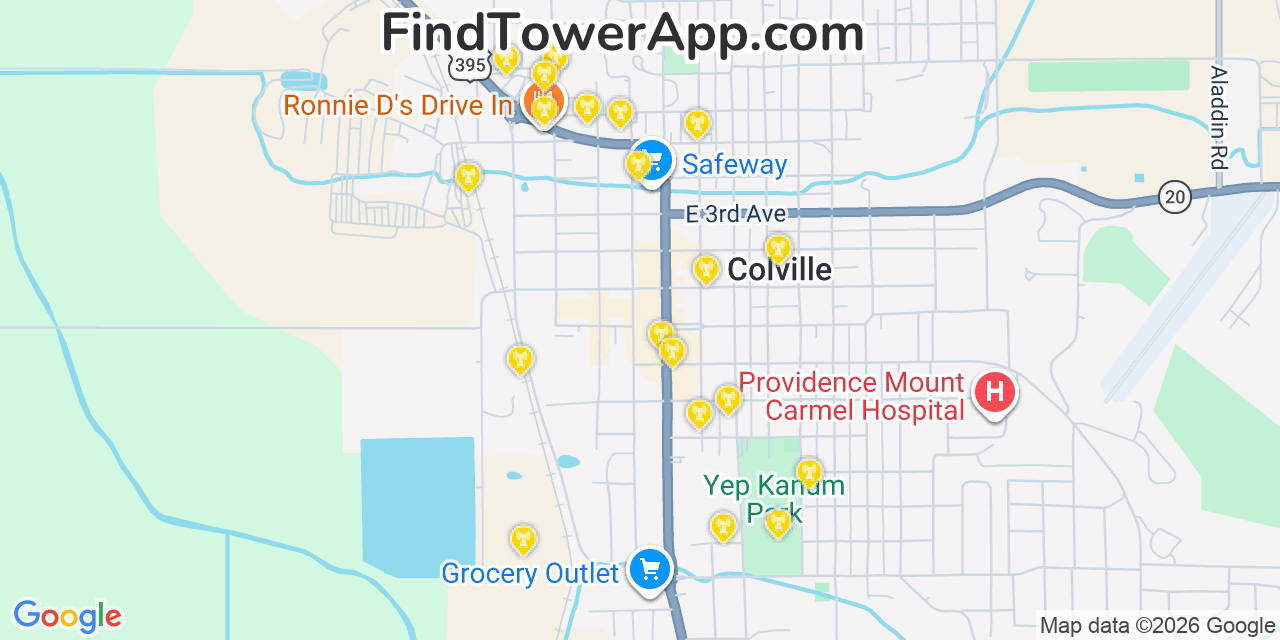 Map showing the 20 primary cell tower locations detected in Colville, Washington from AT&T, Verizon, and T-Mobile networks