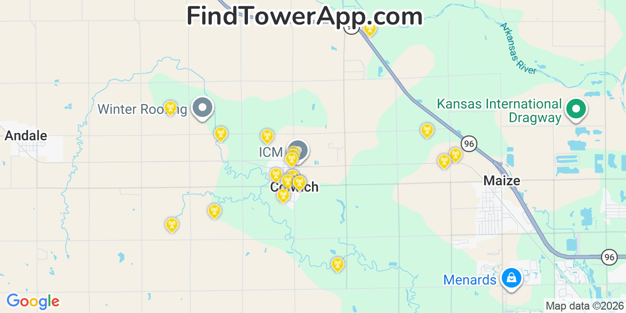 Map showing the 20 primary cell tower locations detected in Colwich, Kansas from AT&T, Verizon, and T-Mobile networks