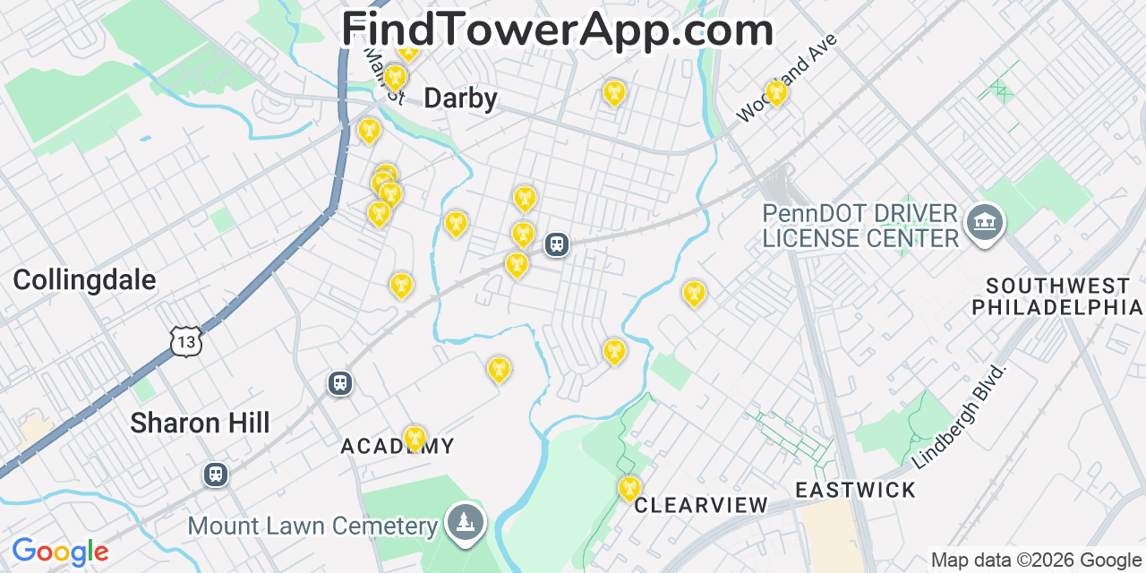 Map showing the 20 primary cell tower locations detected in Colwyn, Pennsylvania from AT&T, Verizon, and T-Mobile networks