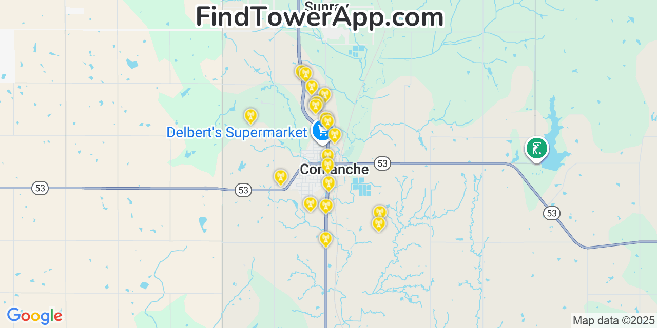 Map showing the 20 primary cell tower locations detected in Comanche, Oklahoma from AT&T, Verizon, and T-Mobile networks