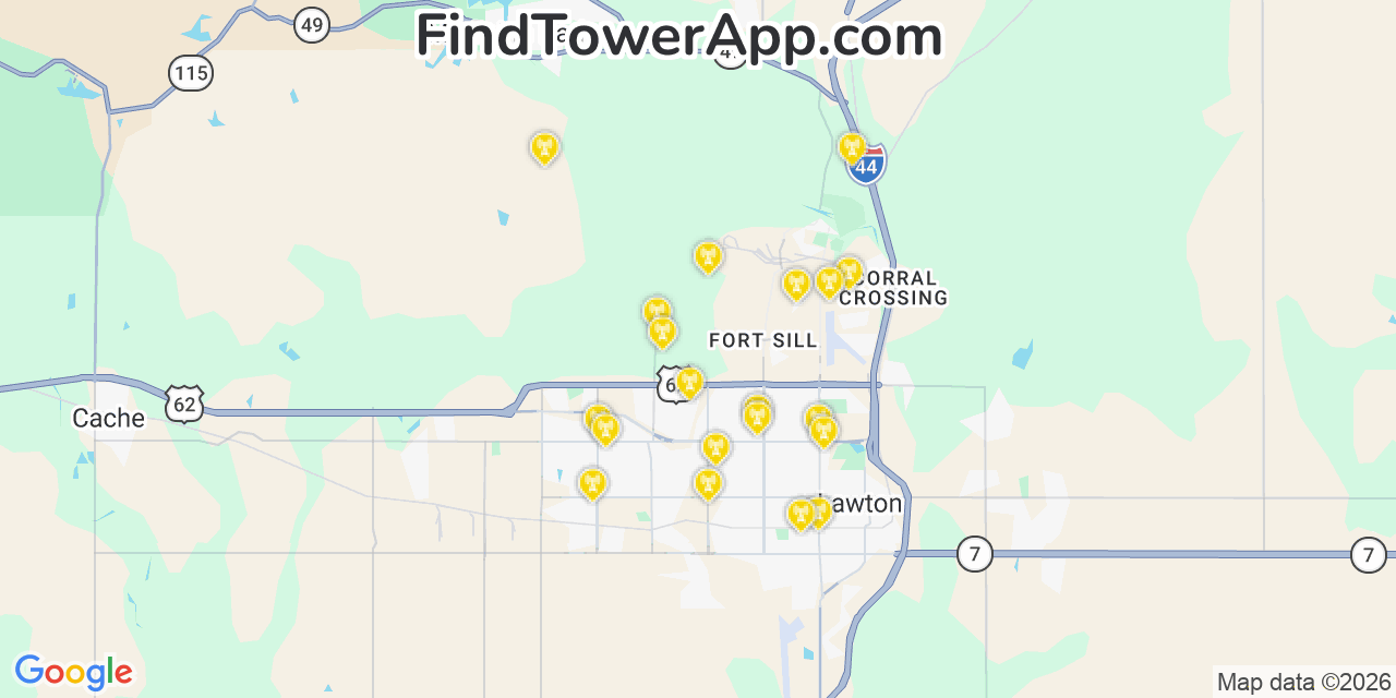 Map showing the 20 primary cell tower locations detected in Comanche, Oklahoma from AT&T, Verizon, and T-Mobile networks
