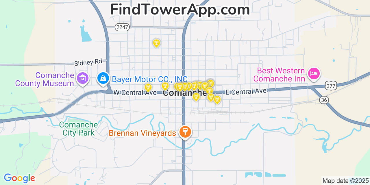 Map showing the 20 primary cell tower locations detected in Comanche, Texas from AT&T, Verizon, and T-Mobile networks