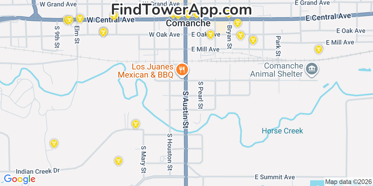 Map showing the 20 primary cell tower locations detected in Comanche, Texas from AT&T, Verizon, and T-Mobile networks