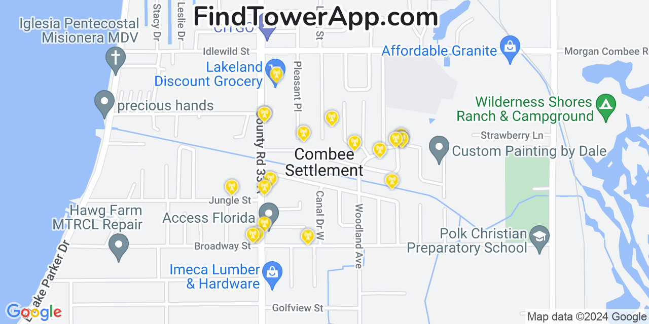 AT&T 4G/5G cell tower coverage map Combee Settlement, Florida