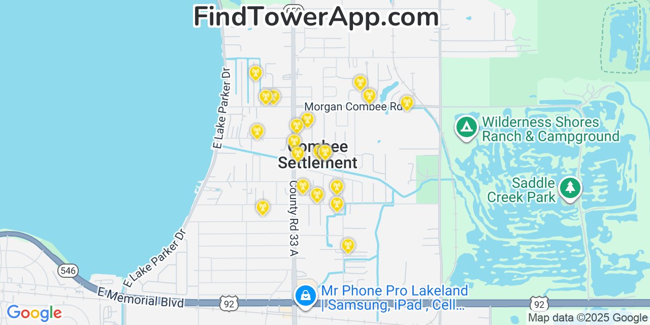 Map showing the 20 primary cell tower locations detected in Combee Settlement, Florida from AT&T, Verizon, and T-Mobile networks