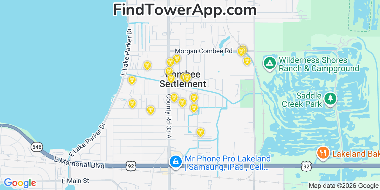 Map showing the 20 primary cell tower locations detected in Combee Settlement, Florida from AT&T, Verizon, and T-Mobile networks