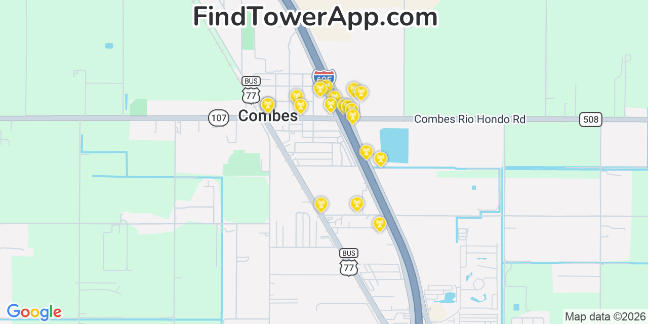 Map showing the 20 primary cell tower locations detected in Combes, Texas from AT&T, Verizon, and T-Mobile networks