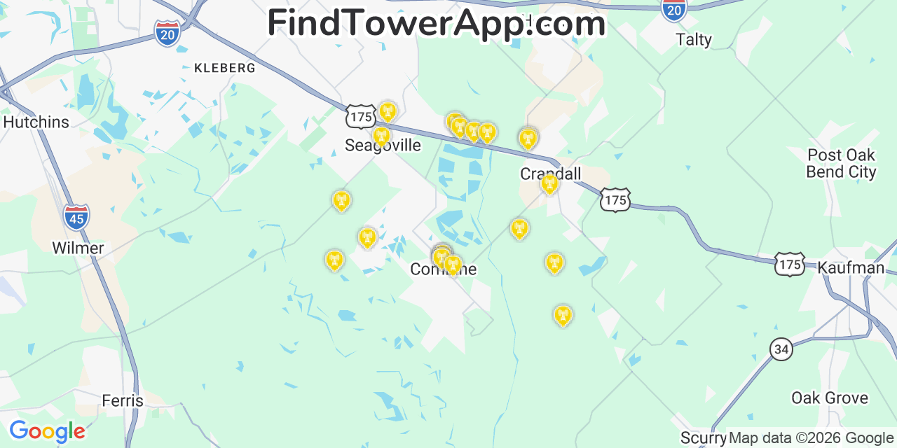 Map showing the 20 primary cell tower locations detected in Combine, Texas from AT&T, Verizon, and T-Mobile networks