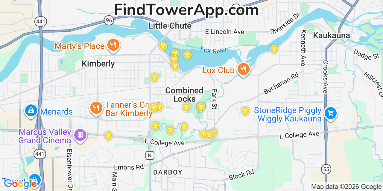 Map showing the 20 primary cell tower locations detected in Combined Locks, Wisconsin from AT&T, Verizon, and T-Mobile networks