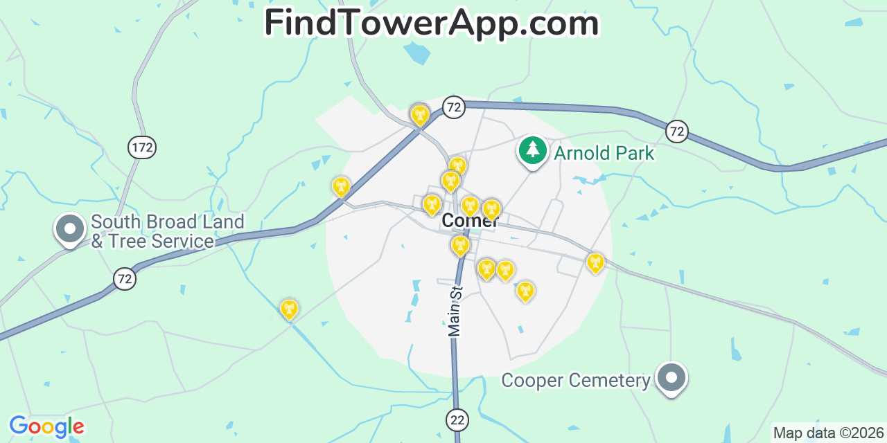Map showing the 20 primary cell tower locations detected in Comer, Georgia from AT&T, Verizon, and T-Mobile networks