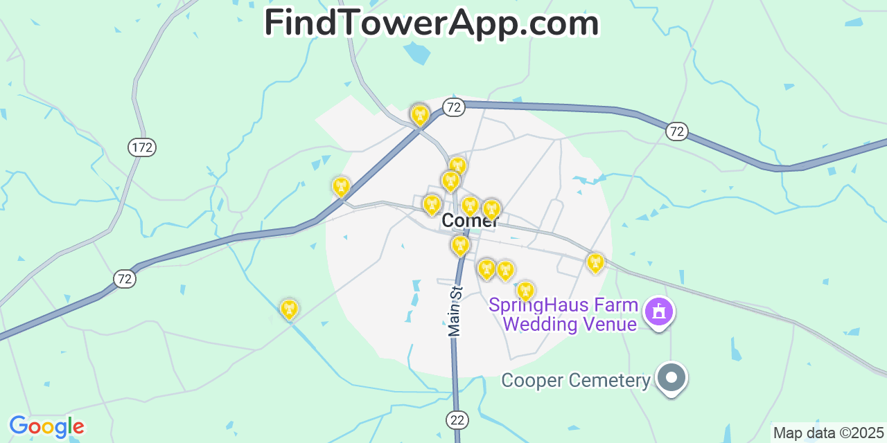 Map showing the 20 primary Mobitel cell tower locations detected in Comer, Georgia with coverage radius and signal strength indicators