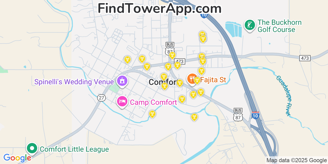Map showing the 20 primary cell tower locations detected in Comfort, Texas from AT&T, Verizon, and T-Mobile networks