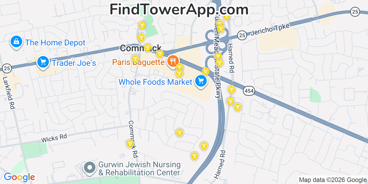 Map showing the 20 primary cell tower locations detected in Commack, New York from AT&T, Verizon, and T-Mobile networks