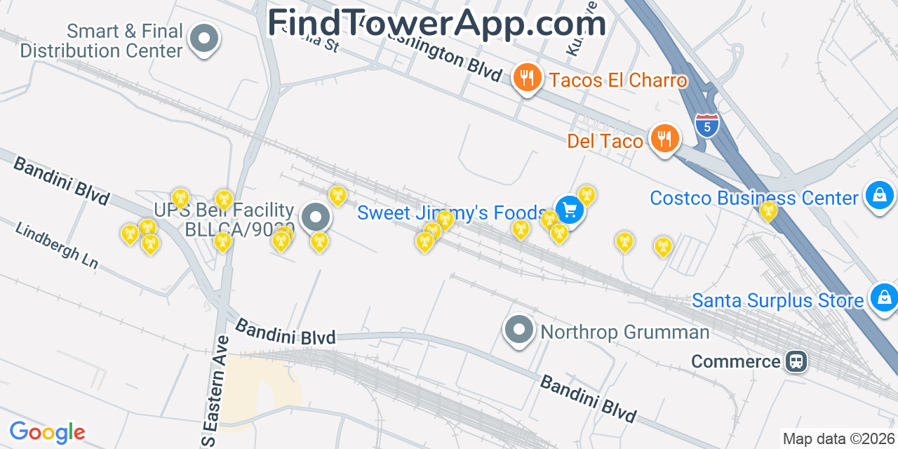 Map showing the 20 primary cell tower locations detected in Commerce, California from AT&T, Verizon, and T-Mobile networks