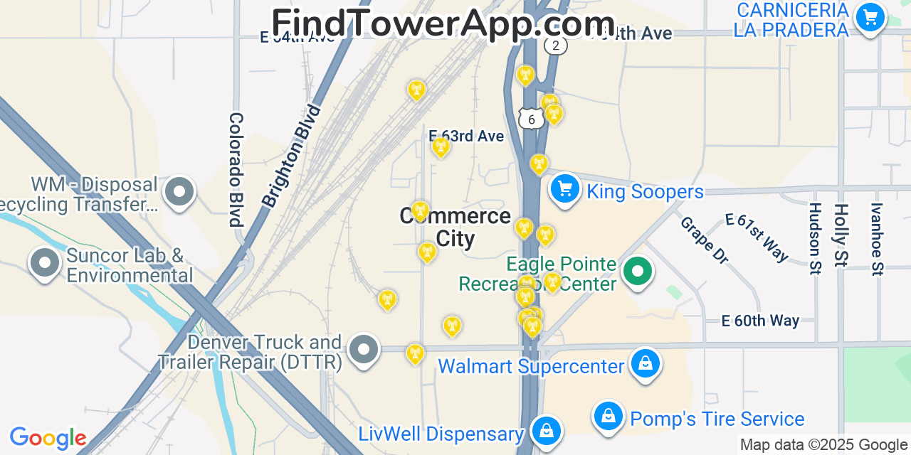 Map showing the 20 primary cell tower locations detected in Commerce City, Colorado from AT&T, Verizon, and T-Mobile networks