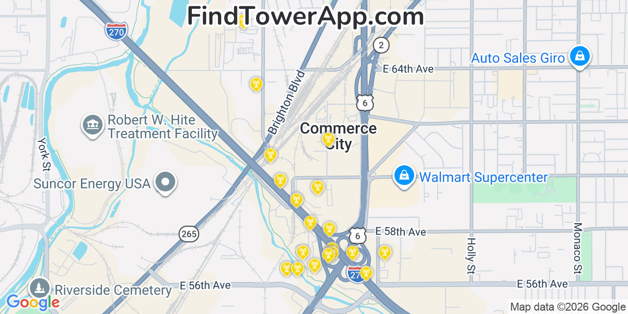 Map showing the 20 primary cell tower locations detected in Commerce City, Colorado from AT&T, Verizon, and T-Mobile networks
