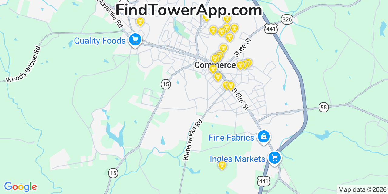 Map showing the 20 primary cell tower locations detected in Commerce, Georgia from AT&T, Verizon, and T-Mobile networks