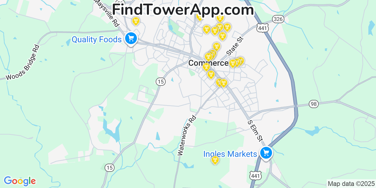 Map showing the 20 primary Mobitel cell tower locations detected in Commerce, Georgia with coverage radius and signal strength indicators