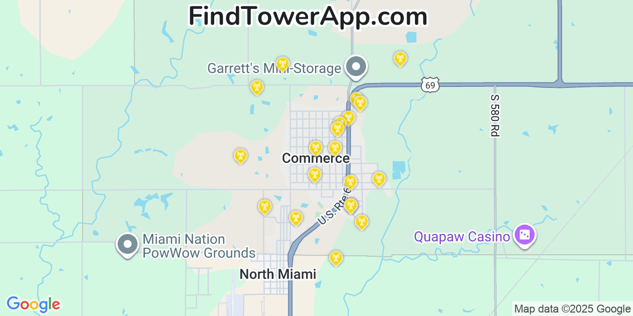 Map showing the 20 primary cell tower locations detected in Commerce, Oklahoma from AT&T, Verizon, and T-Mobile networks