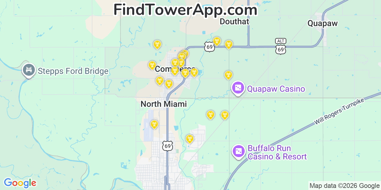 Map showing the 20 primary cell tower locations detected in Commerce, Oklahoma from AT&T, Verizon, and T-Mobile networks
