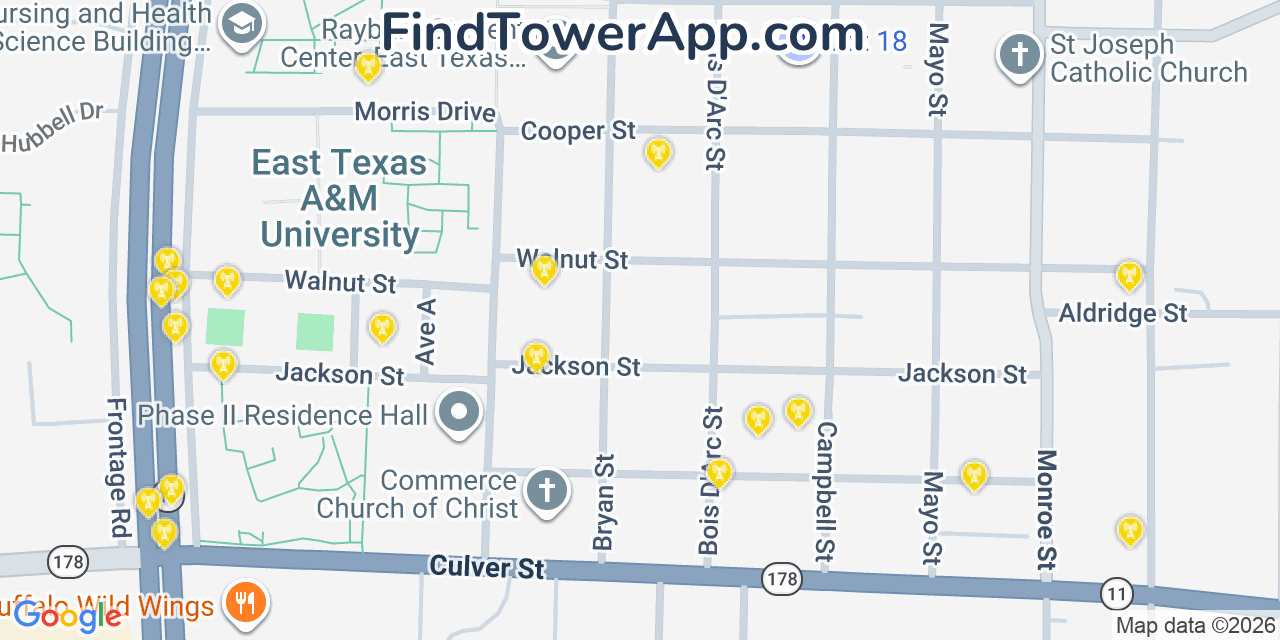 Map showing the 20 primary cell tower locations detected in Commerce, Texas from AT&T, Verizon, and T-Mobile networks