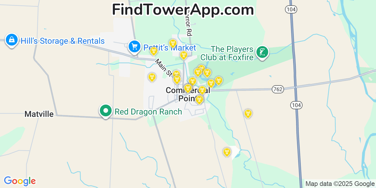 Map showing the 20 primary cell tower locations detected in Commercial Point, Ohio from AT&T, Verizon, and T-Mobile networks