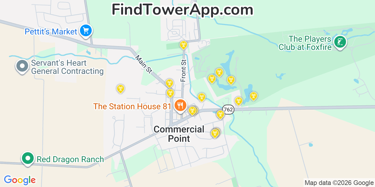 Map showing the 20 primary cell tower locations detected in Commercial Point, Ohio from AT&T, Verizon, and T-Mobile networks