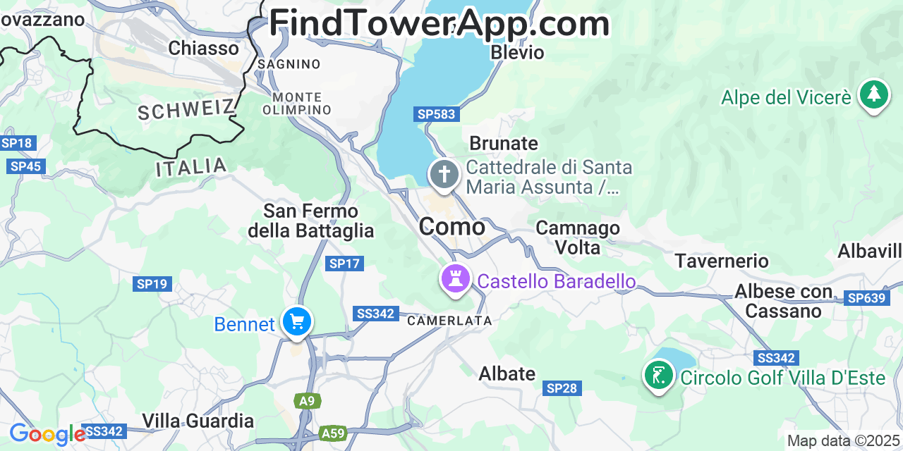 Map showing the 0 primary Iliad cell tower locations detected in Como, Italy with coverage radius and signal strength indicators