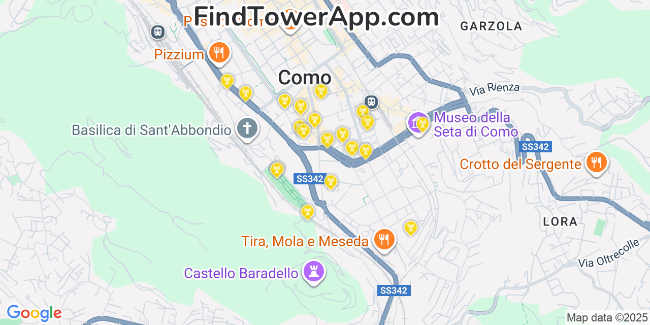 Map showing the 20 primary cell tower locations detected in Como, Italy with coverage areas and signal strength