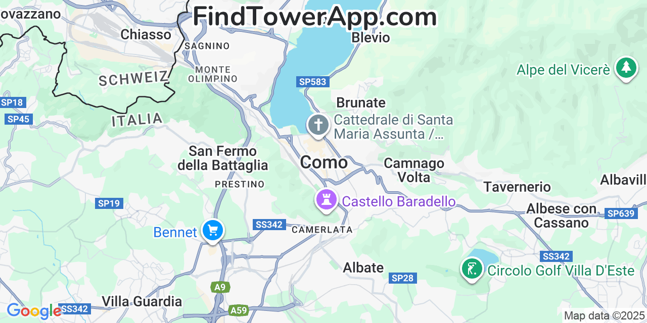 Map showing the 0 primary TIM cell tower locations detected in Como, Italy with coverage radius and signal strength indicators