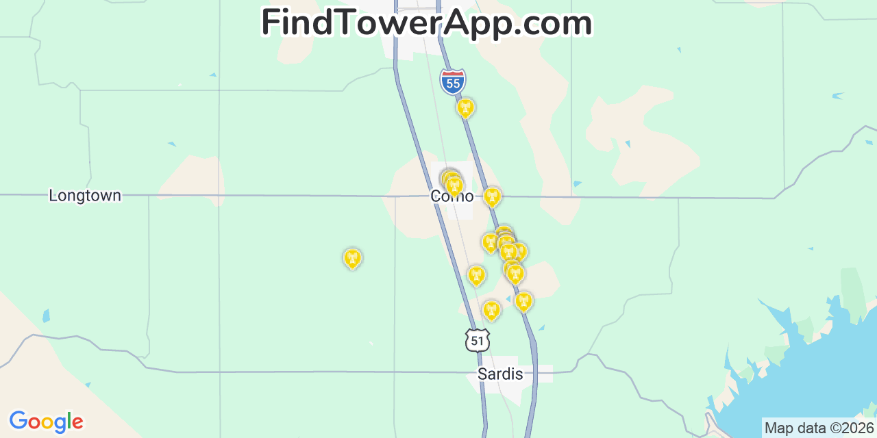Map showing the 20 primary cell tower locations detected in Como, Mississippi from AT&T, Verizon, and T-Mobile networks