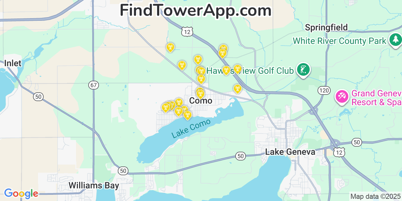 Map showing the 20 primary cell tower locations detected in Como, Wisconsin from AT&T, Verizon, and T-Mobile networks