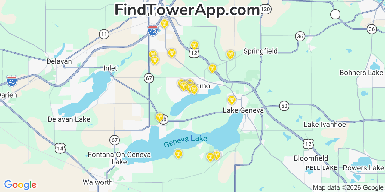 Map showing the 20 primary cell tower locations detected in Como, Wisconsin from AT&T, Verizon, and T-Mobile networks