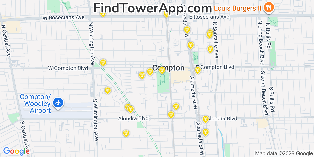 Map showing the 20 primary cell tower locations detected in Compton, California from AT&T, Verizon, and T-Mobile networks