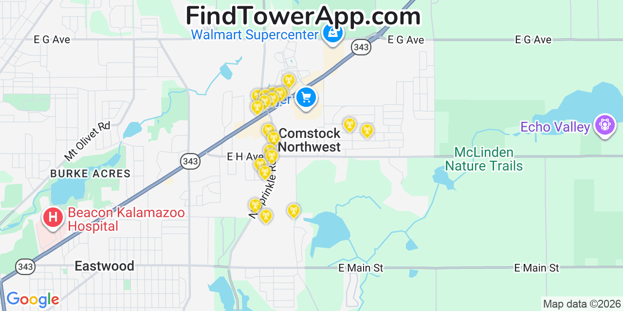 Map showing the 20 primary cell tower locations detected in Comstock Northwest, Michigan from AT&T, Verizon, and T-Mobile networks